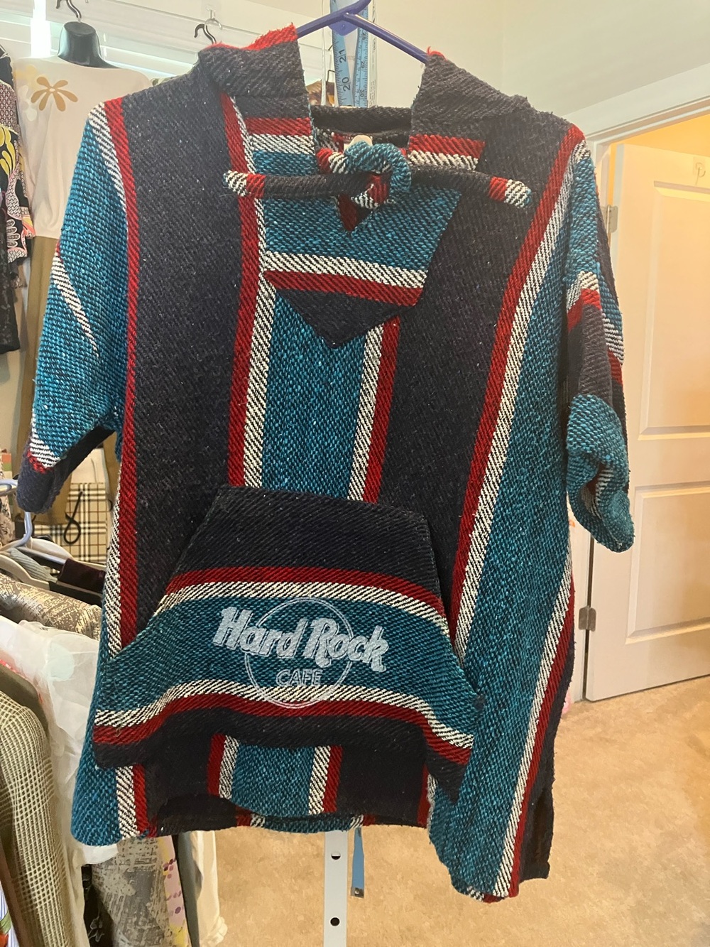 Vintage Hard Rock Cafe Teal, Black & Red Striped Baja Hoodie